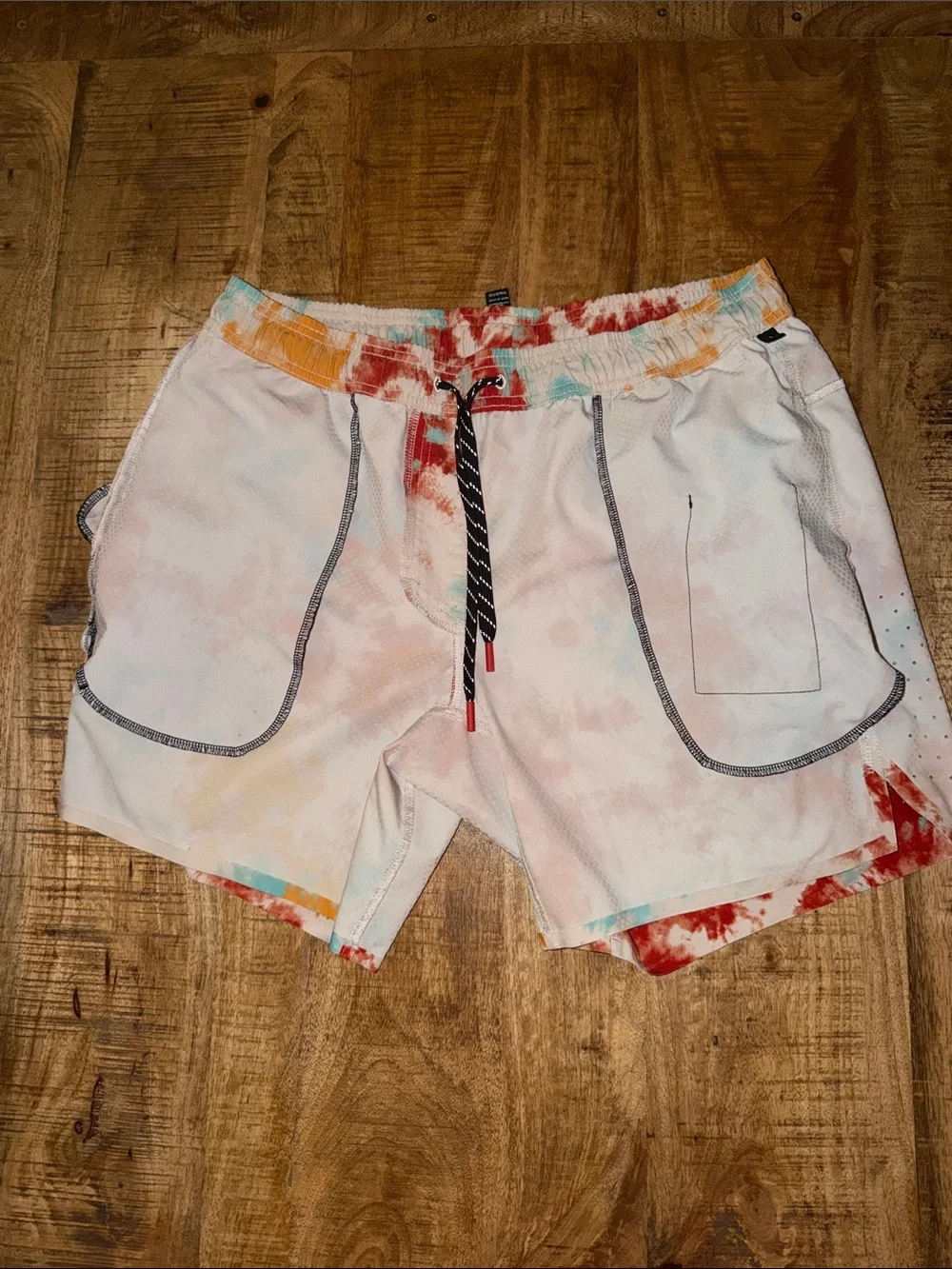 Men’s Tie-Dye Athletic Shorts in Beige with Red, Orange & Blue Accents